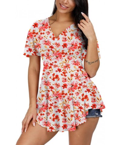 Women's Wrap V Neck Empire Waist Tunic Short Sleeve Tie Back High-Low Ruched Tops White Wiht Pink Flower $10.12 Tops