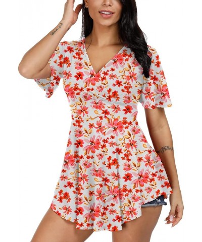 Women's Wrap V Neck Empire Waist Tunic Short Sleeve Tie Back High-Low Ruched Tops White Wiht Pink Flower $10.12 Tops