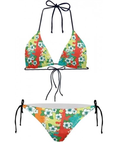 Womens 2 Piece Swimsuits Triangle Halter Thong Bikini Set Rainbow Floral $11.99 Swimsuits