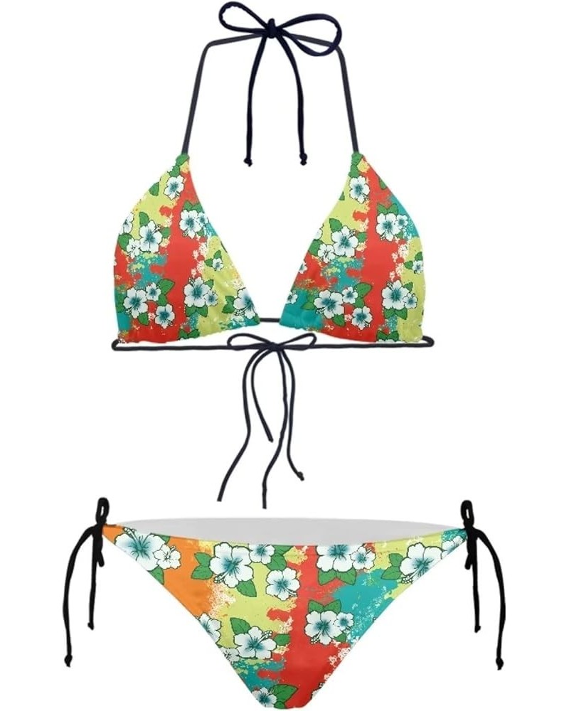 Womens 2 Piece Swimsuits Triangle Halter Thong Bikini Set Rainbow Floral $11.99 Swimsuits