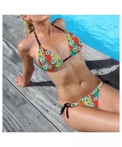 Womens 2 Piece Swimsuits Triangle Halter Thong Bikini Set Rainbow Floral $11.99 Swimsuits