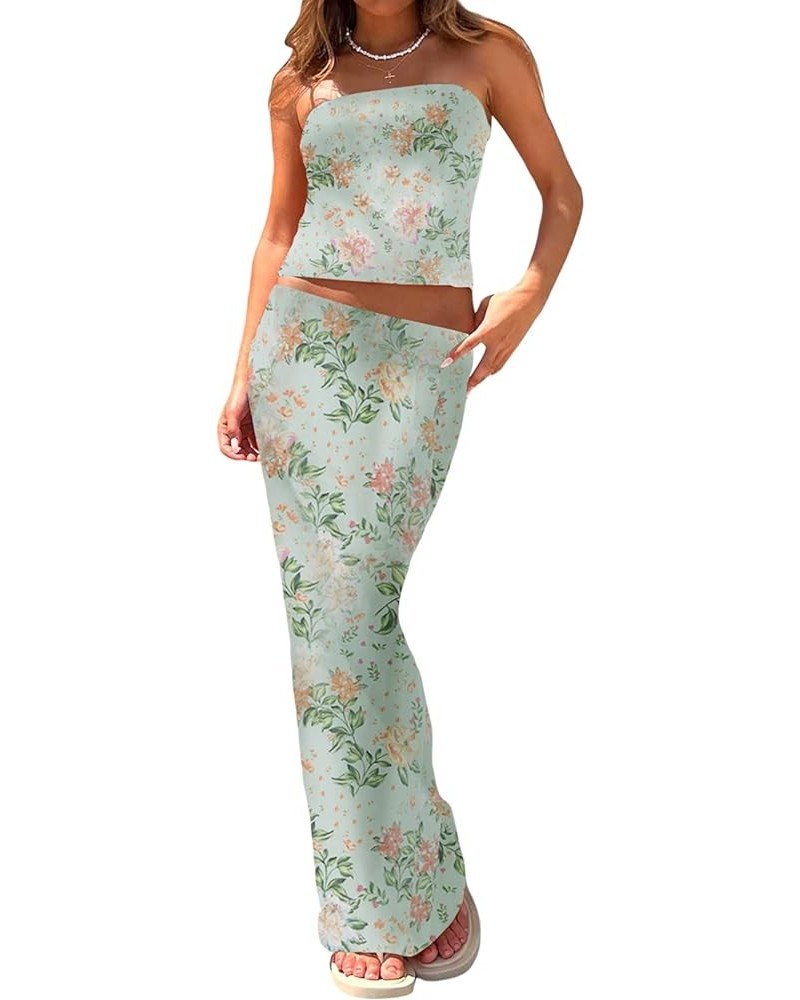 Women 2 Piece Maxi Skirt Set Strapless Tie Up Crop Top Bodycon Long Skirt Summer Y2k 2 Piece Outfit G-green Floral $9.35 Suits