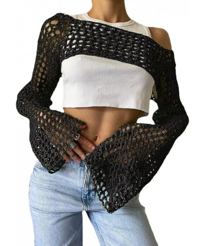 Women's Mesh Crochet Crop Tops Shrugs Sexy Y2k Hollow Out Cropped Knit Sweater See Through Bikini Cover Ups Black $14.95 Swea...