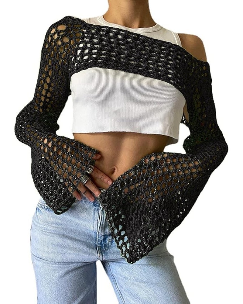 Women's Mesh Crochet Crop Tops Shrugs Sexy Y2k Hollow Out Cropped Knit Sweater See Through Bikini Cover Ups Black $14.95 Swea...