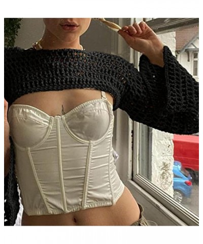 Women's Mesh Crochet Crop Tops Shrugs Sexy Y2k Hollow Out Cropped Knit Sweater See Through Bikini Cover Ups Black $14.95 Swea...