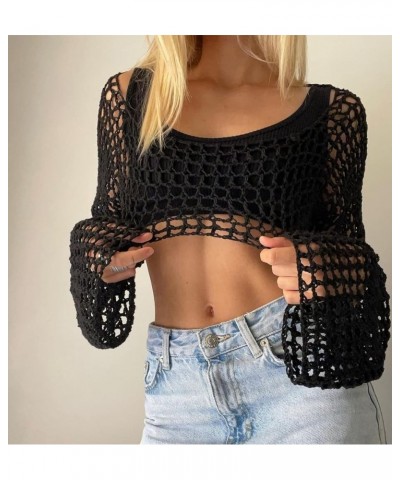 Women's Mesh Crochet Crop Tops Shrugs Sexy Y2k Hollow Out Cropped Knit Sweater See Through Bikini Cover Ups Black $14.95 Swea...