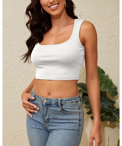 Women Cropped Tank Tops Square Neck Strap Fitted Sexy Cute Trendy Summer Crop Top Sleeveless Tee Shirts White $11.19 Tanks