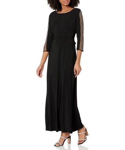 Women's Long Ruched Gown with Beaded Illusion Three Quarter Sleeve Classic Black $41.54 Dresses