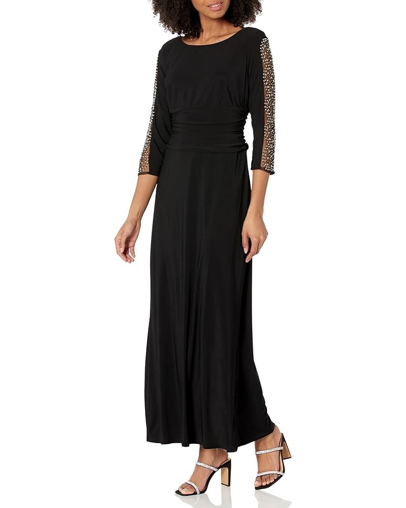 Women's Long Ruched Gown with Beaded Illusion Three Quarter Sleeve Classic Black $41.54 Dresses