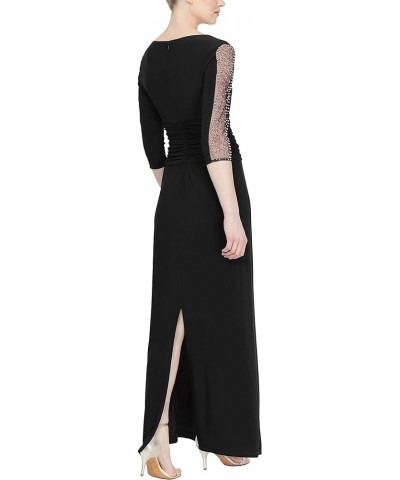 Women's Long Ruched Gown with Beaded Illusion Three Quarter Sleeve Classic Black $41.54 Dresses