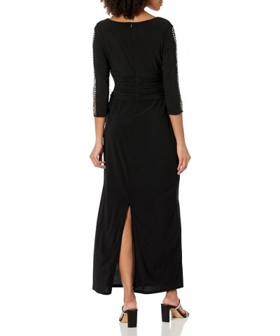 Women's Long Ruched Gown with Beaded Illusion Three Quarter Sleeve Classic Black $41.54 Dresses