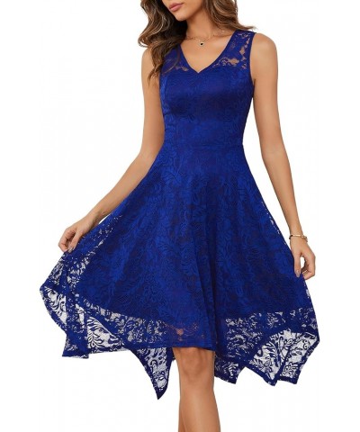 Women's Elegant Floral Lace Sleeveless Handkerchief Hem Asymmetrical Cocktail Party Swing Dress Royalblue-style 1 $14.70 Dresses