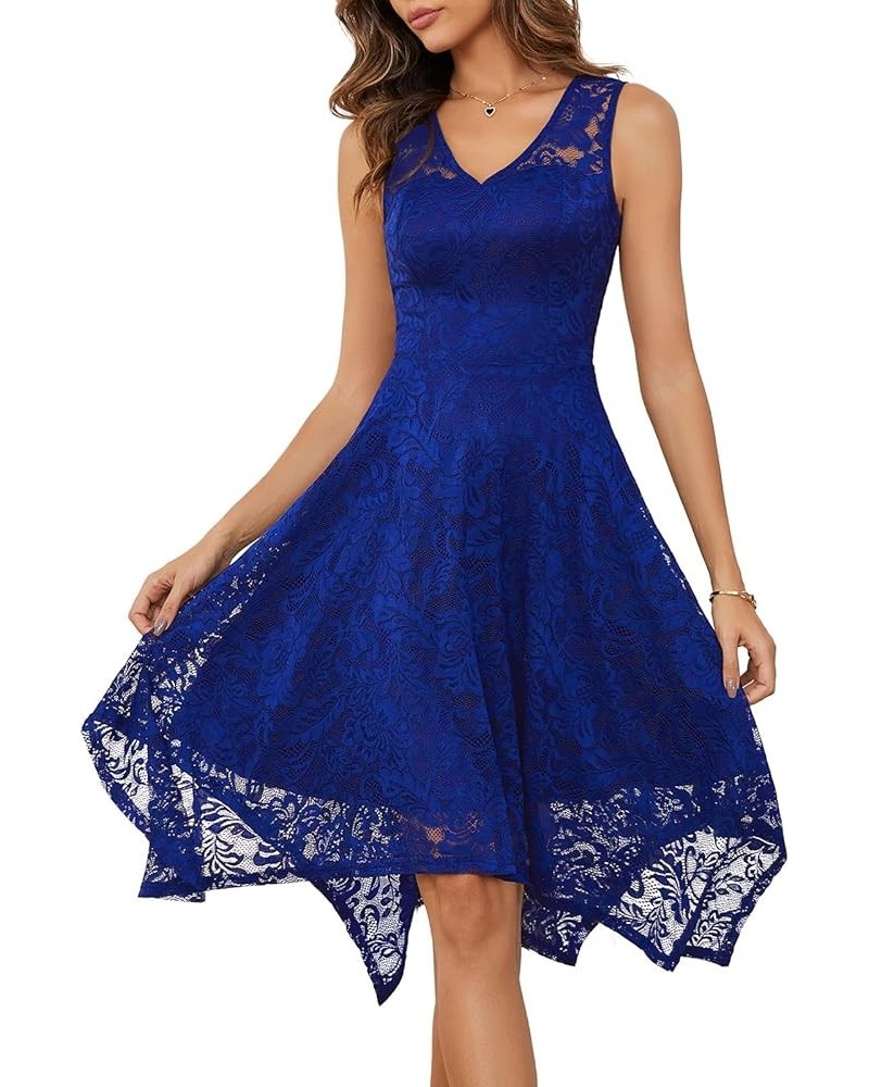 Women's Elegant Floral Lace Sleeveless Handkerchief Hem Asymmetrical Cocktail Party Swing Dress Royalblue-style 1 $14.70 Dresses