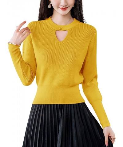 Women's Pullover Sweaters Fall Long Sleeve Cutout Knit Tops Casual Blouse 24586 Yellow $12.59 Sweaters