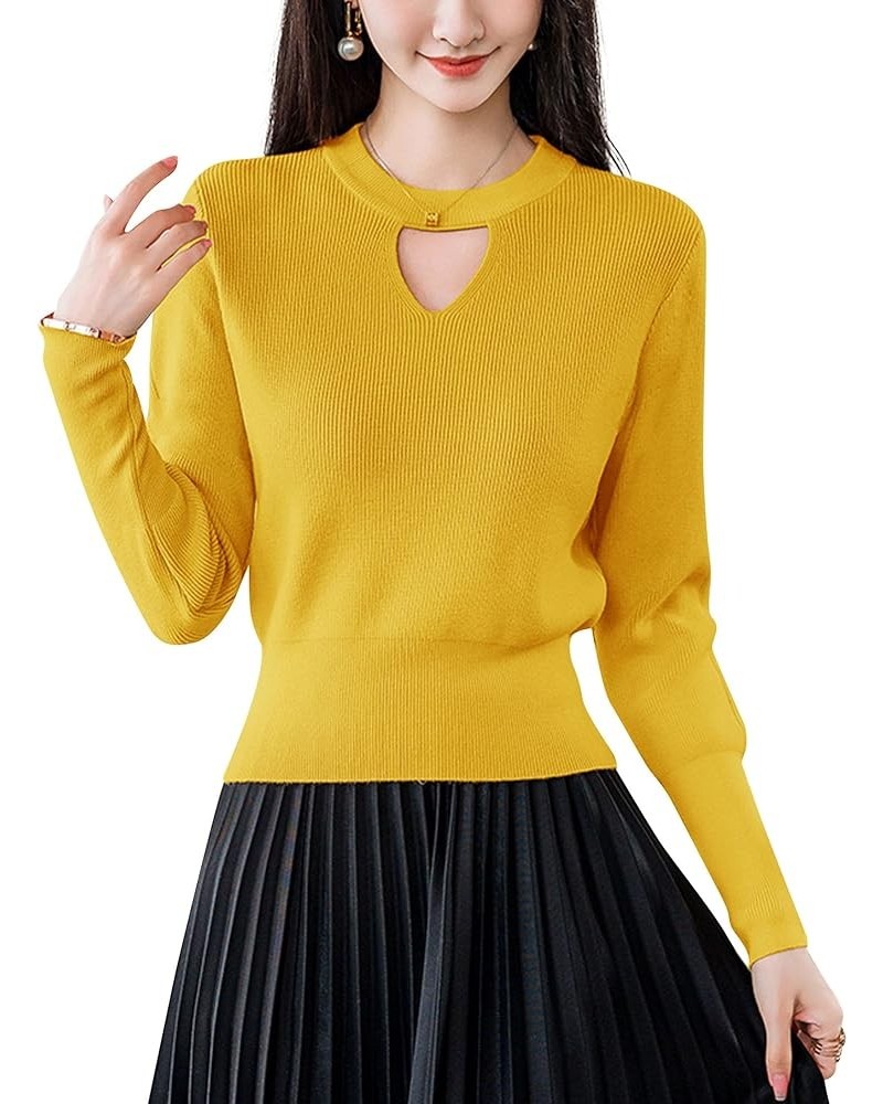 Women's Pullover Sweaters Fall Long Sleeve Cutout Knit Tops Casual Blouse 24586 Yellow $12.59 Sweaters