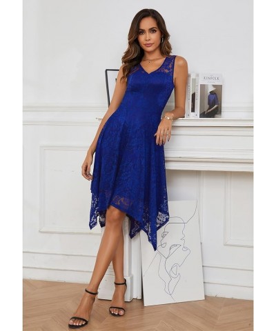 Women's Elegant Floral Lace Sleeveless Handkerchief Hem Asymmetrical Cocktail Party Swing Dress Royalblue-style 1 $14.70 Dresses