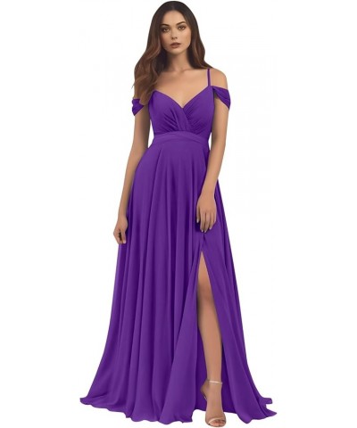 Women's Off The Shoulder Bridesmaid Dresses for Wedding Long A-Line Chiffon Formal Gown with Slit Purple $41.24 Dresses