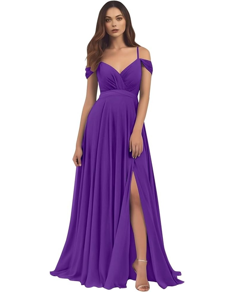 Women's Off The Shoulder Bridesmaid Dresses for Wedding Long A-Line Chiffon Formal Gown with Slit Purple $41.24 Dresses