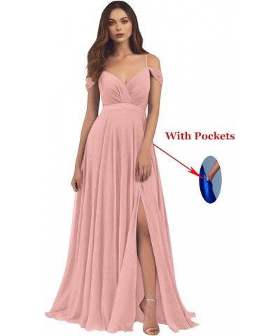 Women's Off The Shoulder Bridesmaid Dresses for Wedding Long A-Line Chiffon Formal Gown with Slit Purple $41.24 Dresses