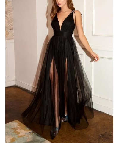 Women's Sexy Deep V Neck Adjustable Spaghetti Strap Tulle Prom Dresses Long Formal Evening Ball Gowns with Double Split Silve...