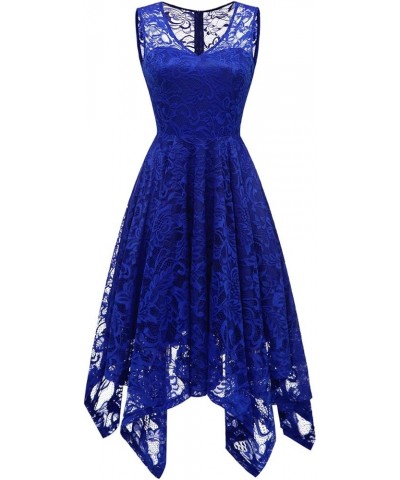 Women's Elegant Floral Lace Sleeveless Handkerchief Hem Asymmetrical Cocktail Party Swing Dress Royalblue-style 1 $14.70 Dresses