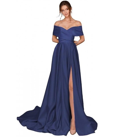 Women's Off The Shoulder Prom Dresses Long Slit Satin A-line Evening Formal Gowns with Pockets Navy Blue $37.87 Dresses