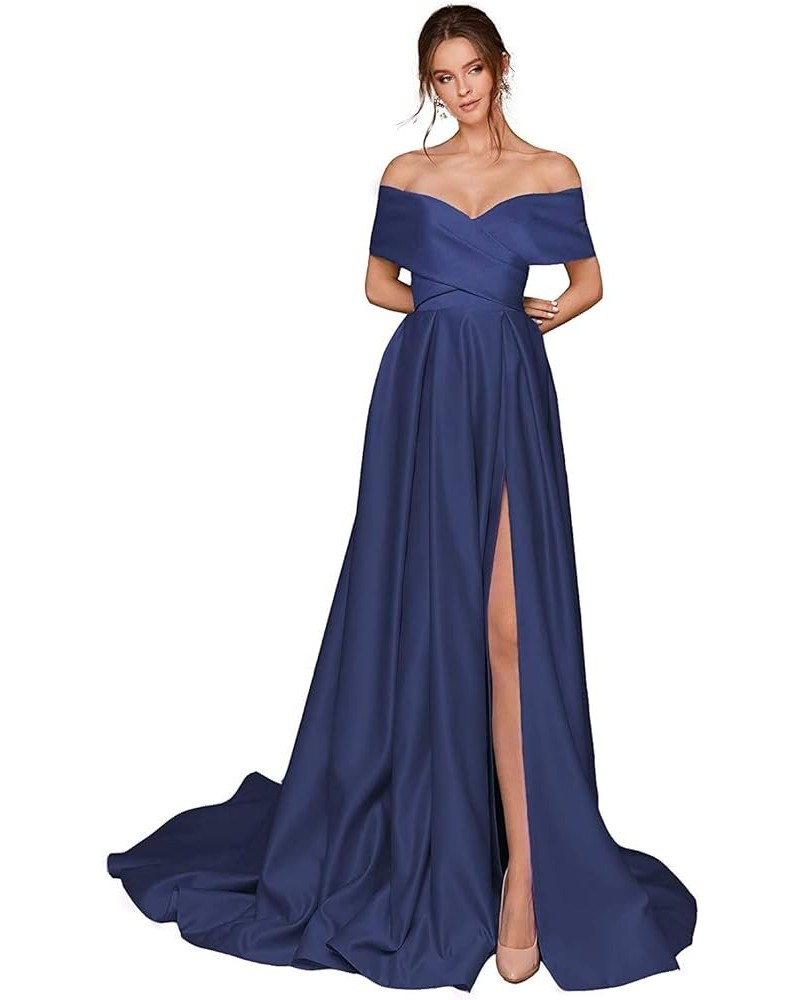 Women's Off The Shoulder Prom Dresses Long Slit Satin A-line Evening Formal Gowns with Pockets Navy Blue $37.87 Dresses