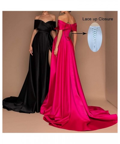 Women's Off The Shoulder Prom Dresses Long Slit Satin A-line Evening Formal Gowns with Pockets Navy Blue $37.87 Dresses