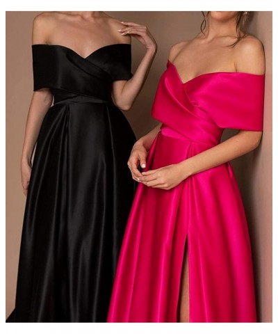 Women's Off The Shoulder Prom Dresses Long Slit Satin A-line Evening Formal Gowns with Pockets Navy Blue $37.87 Dresses