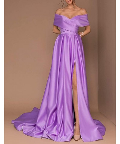 Women's Off The Shoulder Prom Dresses Long Slit Satin A-line Evening Formal Gowns with Pockets Navy Blue $37.87 Dresses