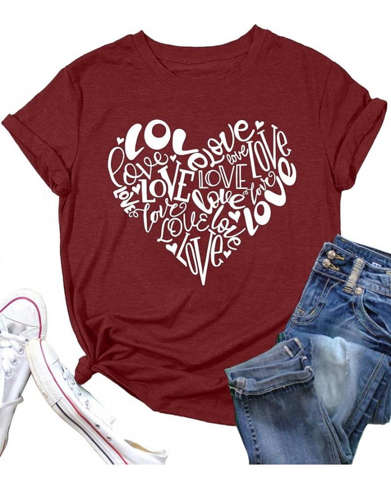 Valentines Day Shirt for Women Cute Love Heart Tshirts Graphic Valentine Gift Tee Casual Hearts Tops C-darkred $15.38 T-Shirts