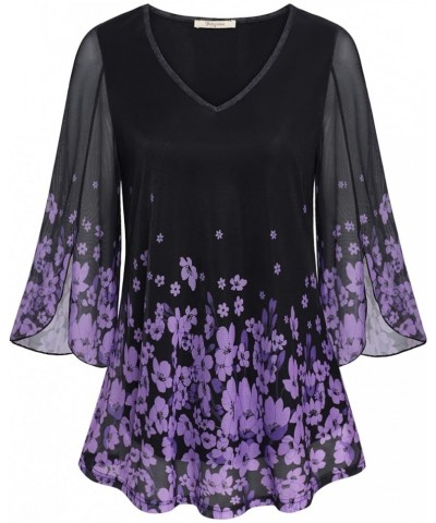 Womens Ruffle 3/4 Sleeve V Neck Double Layers Mesh Blouses Loose Fit Flowy Tunic Tops Black Violet $20.99 Tops