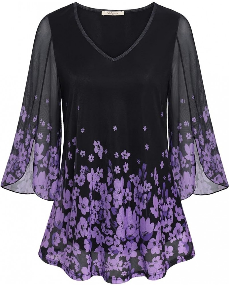 Womens Ruffle 3/4 Sleeve V Neck Double Layers Mesh Blouses Loose Fit Flowy Tunic Tops Black Violet $20.99 Tops