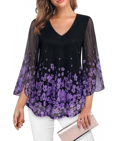 Womens Ruffle 3/4 Sleeve V Neck Double Layers Mesh Blouses Loose Fit Flowy Tunic Tops Black Violet $20.99 Tops