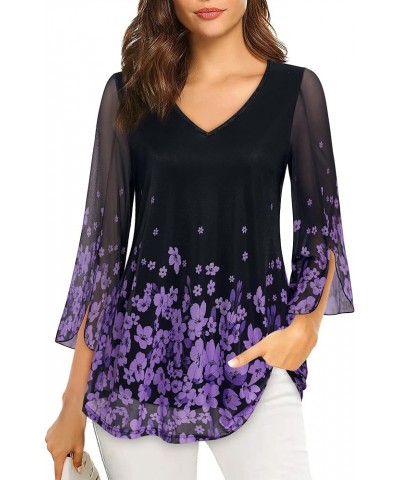 Womens Ruffle 3/4 Sleeve V Neck Double Layers Mesh Blouses Loose Fit Flowy Tunic Tops Black Violet $20.99 Tops