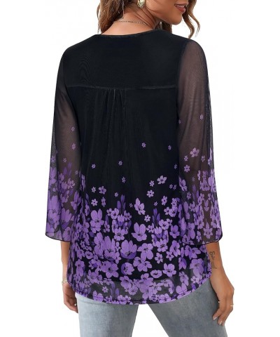 Womens Ruffle 3/4 Sleeve V Neck Double Layers Mesh Blouses Loose Fit Flowy Tunic Tops Black Violet $20.99 Tops