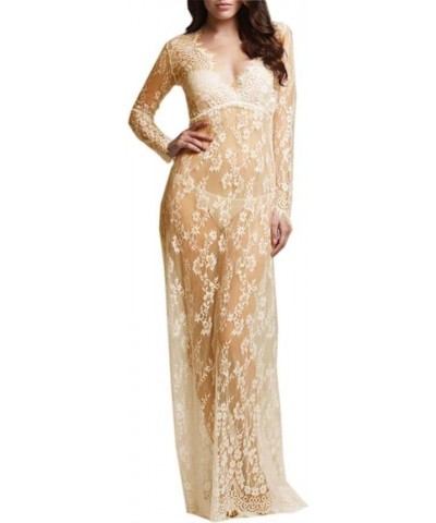 Sexy Deep V-Neck Long Sleeve Lace Beach See-Through Maternity Maxi Dress Apricot $15.95 Dresses