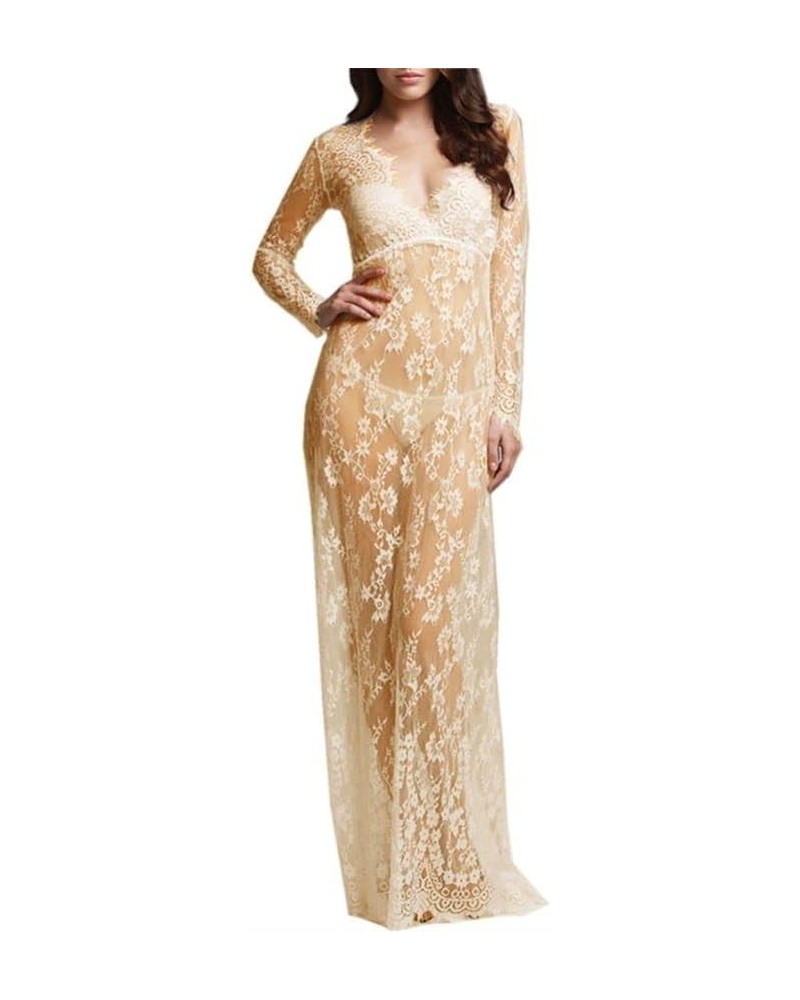 Sexy Deep V-Neck Long Sleeve Lace Beach See-Through Maternity Maxi Dress Apricot $15.95 Dresses