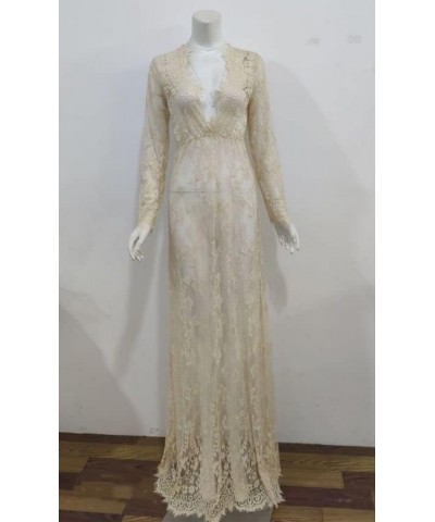 Sexy Deep V-Neck Long Sleeve Lace Beach See-Through Maternity Maxi Dress Apricot $15.95 Dresses