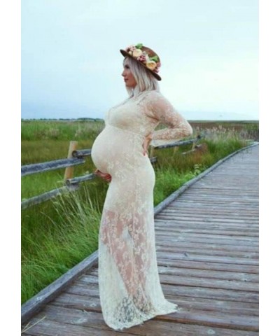 Sexy Deep V-Neck Long Sleeve Lace Beach See-Through Maternity Maxi Dress Apricot $15.95 Dresses