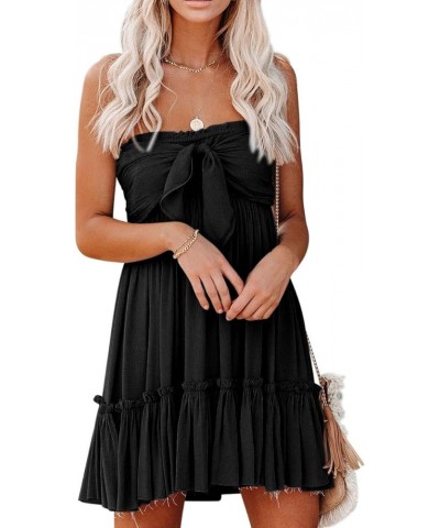 Women's Summer Cotton Boho Beach Sleeveless Tie Front Mini Dress Tube Top Dress Black $19.31 Dresses