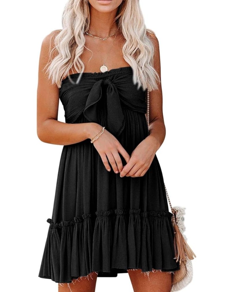 Women's Summer Cotton Boho Beach Sleeveless Tie Front Mini Dress Tube Top Dress Black $19.31 Dresses