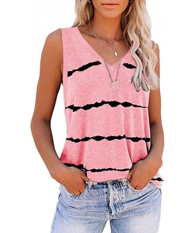 Summer Tops for Women Sleeveless V Neck Tshirt Loose Fit Casual Tank Tunic Blouse Pink Black Stripes $10.06 Tanks