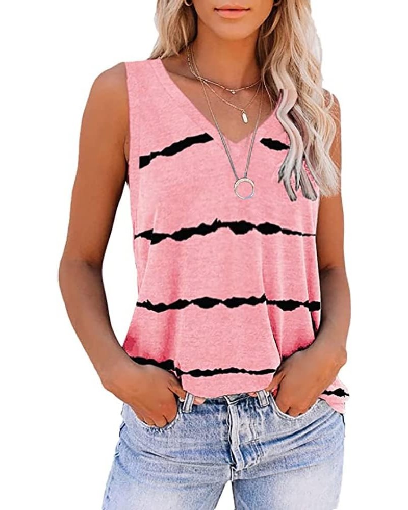 Summer Tops for Women Sleeveless V Neck Tshirt Loose Fit Casual Tank Tunic Blouse Pink Black Stripes $10.06 Tanks