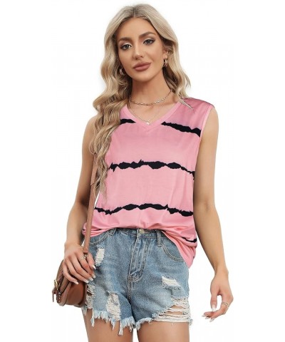 Summer Tops for Women Sleeveless V Neck Tshirt Loose Fit Casual Tank Tunic Blouse Pink Black Stripes $10.06 Tanks