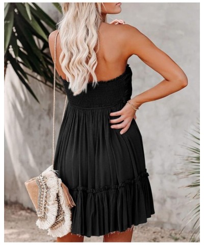 Women's Summer Cotton Boho Beach Sleeveless Tie Front Mini Dress Tube Top Dress Black $19.31 Dresses