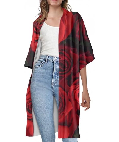 Women Summer Cardigan Casual Open Front Half Sleeve Loose Cover Ups Tops Kimono Plus Size Red Rose Flower Pattern $17.97 Swim...