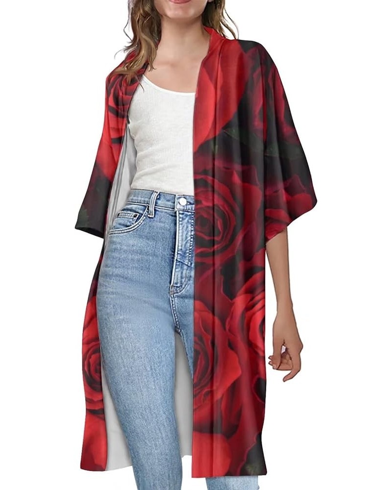 Women Summer Cardigan Casual Open Front Half Sleeve Loose Cover Ups Tops Kimono Plus Size Red Rose Flower Pattern $17.97 Swim...