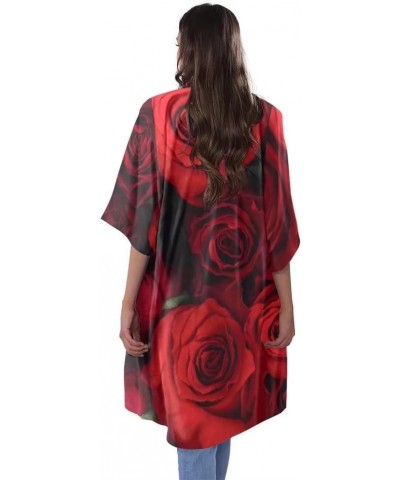 Women Summer Cardigan Casual Open Front Half Sleeve Loose Cover Ups Tops Kimono Plus Size Red Rose Flower Pattern $17.97 Swim...