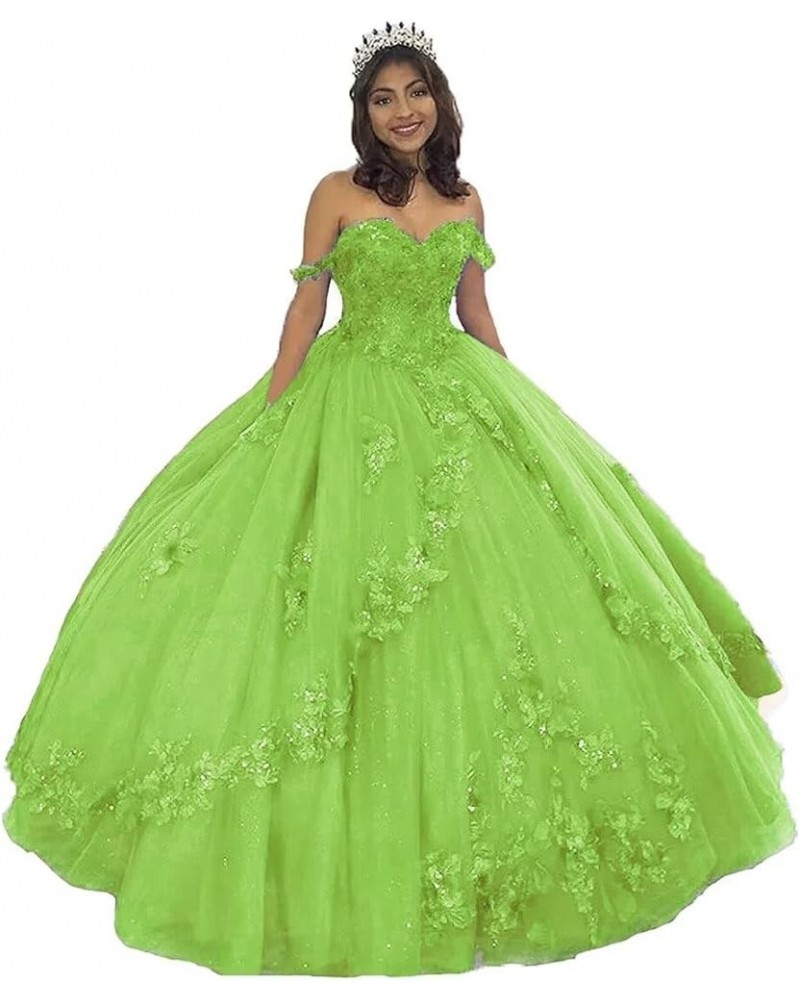 Woman's Off Shoulder Quinceanera Dress 3D Flower Applique Sweet 16 Ball Gowns Glitter Tulle Princess Prom Dress Light Green $...